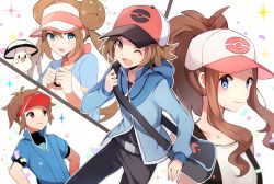 Rule 34 | 2boys, 2girls, bag, bare shoulders, baseball cap, belt, black pants, black shirt, black vest, blue eyes, blue jacket, blush, brown eyes, brown hair, closed mouth, collarbone, confetti, creatures (company), double bun, foongus, game freak, gen 5 pokemon, hair bun, hand up, hands on own hips, hands up, happy, hat, high ponytail, highres, hilbert (pokemon), hilda (pokemon), jacket, light blush, long hair, long sleeves, looking at viewer, matching hair/eyes, multiple boys, multiple girls, nate (pokemon), nintendo, one eye closed, open mouth, outline, pants, pink hat, poke ball symbol, poke ball theme, pokemon, pokemon (creature), pokemon adventures, pokemon bw, pokemon bw2, ponytail, red hat, rosa (pokemon), shirt, short hair, short sleeves, simple background, sleeveless, sleeveless shirt, smile, sparkle, standing, teeth, twintails, upper body, vest, visor cap, white background, white outline, white shirt, wink, yuhi (hssh 6)