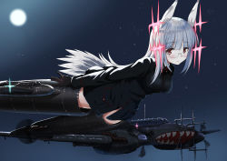 Rule 34 | 1girl, a9b (louis814), absurdres, aircraft, airplane, bird tail, flying, glasses, gloves, head wings, heidimarie w. schnaufer, highres, hirschgeweih antennas, long hair, long sleeves, looking at viewer, military, military uniform, moon, night, night sky, red eyes, silver hair, sky, solo, strike witches, striker unit, tail, uniform, vehicle request, wings, world witches series