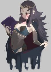 Rule 34 | 1girl, armpits, black cape, black hair, blue panties, bodystocking, book, breasts, cape, facial mark, fire emblem, fire emblem fates, highres, holding, holding book, mouth veil, nintendo, nyx (fire emblem), panties, red eyes, saikoro0306, see-through, small breasts, solo, underwear, veil