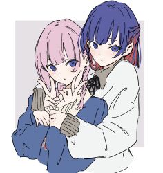 Rule 34 | 2girls, atenaba, blue eyes, blue hair, blue sweater, braid, closed mouth, colored inner hair, double v, french braid, grey background, hands on another&#039;s wrists, highres, hug, hug from behind, kaf (kamitsubaki studio), kamitsubaki studio, long sleeves, looking at viewer, multicolored hair, multiple girls, parted lips, pink hair, red hair, rim (kamitsubaki studio), shirt, sweater, twin braids, two-tone background, upper body, v, white background, white shirt, yellow pupils