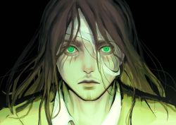 Rule 34 | 1boy, absurdres, bandages, black background, black hair, closed mouth, eren yeager, expressionless, facial hair, green eyes, highres, jacket, long hair, male focus, mustache, portrait, shingeki no kyojin, shirt, simple background, solo, zirwoissa
