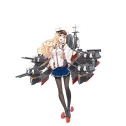 Rule 34 | &gt;:d, 1girl, :d, blonde hair, blue eyes, blue skirt, breasts, brown pantyhose, clenched hand, full body, gloves, hao (patinnko), hat, kongou (warship girls r), large breasts, long hair, machinery, miniskirt, official art, open mouth, pantyhose, peaked cap, pleated skirt, skirt, smile, solo, tongue, transparent background, turret, v-shaped eyebrows, warship girls r, white gloves, wide sleeves