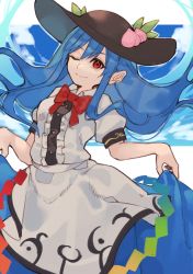 Rule 34 | 1girl, absurdres, apron, arms at sides, black hat, blouse, blue hair, blue skirt, bow, bowtie, buttons, center frills, closed mouth, collared shirt, commentary request, floating hair, food, frilled shirt, frills, fruit, hair up, hat, highres, hinanawi tenshi, leaf, long hair, looking at viewer, one-hour drawing challenge, one eye closed, peach, prat rat, puffy short sleeves, puffy sleeves, rainbow gradient, rainbow order, red bow, red bowtie, red eyes, shirt, short sleeves, sidelocks, skirt, skirt hold, sky, smile, solo, touhou, white apron, white background, white shirt, wing collar