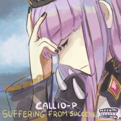 Rule 34 | 1girl, album cover, character name, commentary, cover, dj khaled, english commentary, english text, closed eyes, hand on own face, highres, hololive, hololive english, looking down, mori calliope, nail polish, parental advisory, parody, pink hair, solo, stalkeralker, suffering from success, virtual youtuber