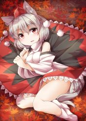 Rule 34 | 1girl, animal ears, autumn leaves, bare shoulders, blush, breasts, detached sleeves, fun bo, hat, inubashiri momiji, leaf, no panties, open mouth, pom pom (clothes), red eyes, short hair, silver hair, solo, tail, tokin hat, touhou, wide sleeves, wolf ears, wolf tail