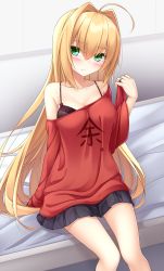 Rule 34 | 10s, 1girl, ahoge, alternate hair length, alternate hairstyle, bare shoulders, bed, black bra, black skirt, blonde hair, blush, bra, breasts, cleavage, closed mouth, clothes writing, collarbone, commentary request, fate/extra, fate (series), green eyes, hair between eyes, hair intakes, hand in own hair, head tilt, highres, jewelry, lace, lace-trimmed bra, lace trim, long hair, long sleeves, medium breasts, nero claudius (fate), nero claudius (fate) (all), nero claudius (fate/extra), off-shoulder shirt, off shoulder, on bed, pleated skirt, red shirt, ring, shirt, sidelocks, sitting, skirt, sleeves past wrists, solo, underwear, very long hair, wide sleeves, yoye (pastel white)