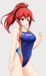Rule 34 | 1girl, alternate costume, arm at side, breasts, clothes writing, competition swimsuit, covered navel, cowboy shot, cul, fuuma nagi, grey background, hair ornament, highleg, highleg swimsuit, large breasts, long hair, looking at viewer, one-piece swimsuit, ponytail, red eyes, red hair, simple background, solo, speedo (company), standing, swimsuit, vocaloid