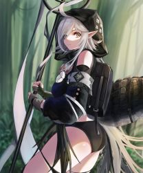 Rule 34 | 1girl, ahoge, arknights, ass, backpack, bag, black bag, black panties, black shirt, black sleeves, breasts, cowboy shot, crocodilian tail, detached sleeves, flower, forest, gloves, goggles, goggles around neck, green gloves, grey hair, hair over one eye, highres, holding, holding staff, hood, hood up, kure (kure 90), long hair, looking at viewer, medium breasts, nature, outdoors, panties, partially fingerless gloves, pointy ears, shirt, sidelocks, solo, staff, tail, thigh strap, tomimi (arknights), underwear, white flower, yellow eyes