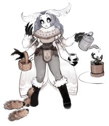 Rule 34 | 1girl, absurdres, animal hands, antennae, arthropod girl, artist name, bad id, bad tumblr id, basket, black sclera, boots, capelet, caterpillar tracks, colored sclera, commentary, cup, english commentary, extra arms, full body, fur, fur-trimmed boots, fur collar, fur trim, grey eyes, grey hair, highres, holding, holding cup, holding watering can, insect girl, insect wings, long hair, matilda fiship, monster girl, moth girl, moth wings, no pupils, original, pants, plant, potted plant, simple background, solo, watering can, white background, wings