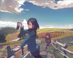 2girls autumn black_hair brown_hair cellphone cloud cloudy_sky commentary glasses green_eyes hand_on_railing hands_on_own_knees holding holding_phone hood hood_down hooded_jacket jacket leaning_forward medium_hair mole mole_under_mouth mountainous_horizon multiple_girls niko_(toitoi210) original outdoors parted_lips pavement phone railing river scenery sketchbook sky smartphone taking_picture thighhighs wooden_railing