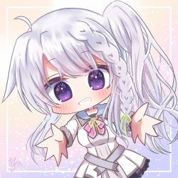 Rule 34 | 1girl, 9-nine-, ahoge, blue background, blush, braid, chibi, commentary, dress, eyelashes, eyes visible through hair, floating hair, frilled dress, frills, gradient background, green ribbon, grey hair, grin, hair between eyes, hair ribbon, happy, heart, heart in eye, highres, incoming hug, light particles, long hair, long sleeves, looking at viewer, neck ribbon, niimi sora, open hands, outstretched arms, pink ribbon, purple eyes, ribbon, school uniform, short dress, side ponytail, sidelocks, signature, simple background, single braid, smile, solo, symbol in eye, utuigawa, wavy hair, white dress, yellow background