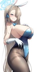 Rule 34 | 1girl, animal ears, asuna (blue archive), asuna (bunny) (blue archive), bare shoulders, blue archive, blue bow, blue eyes, blue leotard, blue ribbon, bow, bowtie, breasts, cowboy shot, ddangbi, detached collar, fake animal ears, from side, gloves, hair over one eye, hair ribbon, hairband, halo, highleg, highleg leotard, highres, large breasts, leotard, light brown hair, long hair, looking at viewer, mole, mole on breast, pantyhose, playboy bunny, rabbit ears, ribbon, simple background, smile, solo, thighband pantyhose, traditional bowtie, very long hair, white background, white gloves, white hairband
