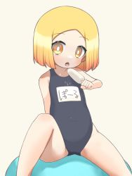 Rule 34 | 1girl, blonde hair, blunt ends, bright pupils, brown eyes, child, fate/grand order, fate (series), female focus, food, highres, holding, holding food, looking at viewer, medium hair, name tag, one-piece swimsuit, open mouth, paul bunyan (fate), popsicle, ryesandus, sitting, solo, swimsuit, tongue, tongue out, white pupils