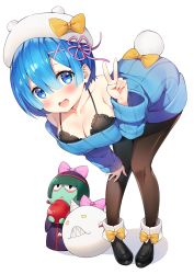 Rule 34 | 1girl, :d, alternate costume, ankle boots, apple, ayamy, bent over, black bra, black footwear, black pantyhose, blue eyes, blue hair, blue sweater, blush, boots, bow, bra, breasts, casual, character doll, cleavage, commentary request, dress, fake tail, flower knot, food, frilled bra, frills, fruit, full body, hair between eyes, hair ornament, hairclip, hakugei (re:zero), hand on own knee, hat, hat bow, large breasts, long sleeves, off-shoulder sweater, off shoulder, open mouth, pantyhose, petelgeuse romaneeconti, pigeon-toed, pink bow, pink ribbon, rabbit tail, re:zero kara hajimeru isekai seikatsu, rem (re:zero), ribbon, short hair, simple background, smile, solo, standing, sweater, sweater dress, tail, underwear, v, wavy mouth, white background, white hat, x hair ornament, yellow bow