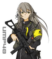 Rule 34 | 1girl, armband, black ribbon, brown hair, character name, commentary request, expressionless, girls&#039; frontline, green jacket, grey hair, gun, h&amp;k ump, h&amp;k ump, hair between eyes, hair ribbon, jacket, long hair, long sleeves, looking at viewer, open clothes, open jacket, parted lips, ribbon, simple background, ump40 (girls&#039; frontline), upper body, walkie-talkie, weapon, white background, xlplace, yellow eyes