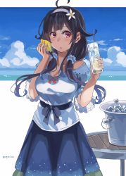 Rule 34 | 1girl, ahoge, black skirt, blush, breasts, cleavage, collarbone, cup, day, drink, drinking glass, flower, food, fruit, grey hairband, hair flaps, hairband, highres, holding, holding cup, holding food, holding fruit, ice, kantai collection, large breasts, lemon, long hair, low twintails, parted lips, purple hair, red eyes, shirt, short sleeves, skirt, solo, sugue tettou, taigei (kancolle), twintails, white flower, white shirt