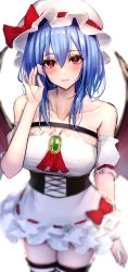 Rule 34 | 1girl, 7saki, aged up, bad id, bad twitter id, bare shoulders, bat wings, black thighhighs, blue hair, bow, breasts, brooch, bustier, cleavage, collarbone, detached sleeves, dress, hat, highres, jewelry, large breasts, mob cap, puffy short sleeves, puffy sleeves, red bow, red eyes, remilia scarlet, ribbon-trimmed skirt, ribbon trim, shirt, short dress, short sleeves, simple background, solo, thighhighs, touhou, white background, white dress, white hat, white shirt, wings