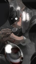 Rule 34 | 2boys, absurdres, black eyes, black hair, blood, blood on hands, board game, chess, chess piece, closed mouth, commentary, from below, gakuran, gakuseibou, gloves, half-closed eyes, hand on another&#039;s head, hand to own mouth, hat, head out of frame, highres, holding, holding spoon, light particles, litchi hikari club, long sleeves, looking down, male focus, mau sakura, mini person, miniboy, multiple boys, niko (litchi hikari club), one eye closed, reflection, reverse grip, sanpaku, scar, scar across eye, school uniform, short hair, smile, smoke, spoon, symbol-only commentary, two-handed, white gloves, zera (litchi hikari club)