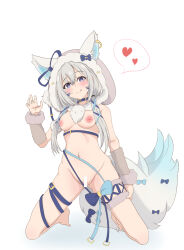 Rule 34 | 1girl, :q, animal costume, animal ear piercing, animal ears, animal hood, arm at side, assault lily, bar censor, barefoot, belt, belt buckle, belt collar, blue belt, blue bow, blue eyes, blue ribbon, blush, bow, breasts, buckle, censored, closed mouth, collar, commentary request, detached hood, detached sleeves, fake animal ears, fake tail, full body, fur-trimmed sleeves, fur trim, gluteal fold, grey hair, groin, hair between eyes, hair ornament, halloween costume, hand up, heart, highres, hood, hood up, inverted nipples, jewelry, kanden natsume, kneeling, long hair, looking at viewer, low twintails, medium breasts, navel, nipples, nude, official alternate costume, pussy juice, ribbon, ring, shiozaki suzume, simple background, smile, solo, speech bubble, spoken heart, stomach, tail, tail bow, tail ornament, thigh belt, thigh bow, thigh strap, tongue, tongue out, twintails, white background, wolf costume, wolf ears, wolf hood, wolf tail, x hair ornament