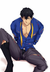 Rule 34 | 1boy, black hair, blood, bulge, cha chi (artist), crotch, grin, male focus, muscular, necktie, restrained, scar, sitting, smile, socks, solo, torn clothes