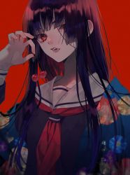 Rule 34 | 1girl, black hair, black serafuku, blunt bangs, blunt ends, cherry, enma ai, floral print, food, fruit, hair over one eye, hand up, highres, hime cut, holding, holding food, holding fruit, japanese clothes, jigoku shoujo, kimono, layered clothes, lips, long hair, long sleeves, looking at viewer, messy hair, neckerchief, off shoulder, open clothes, open kimono, parted lips, pink lips, red background, red eyes, red neckerchief, school uniform, serafuku, shichi (kotoneco0711), simple background, solo, straight hair, upper body