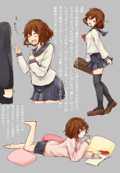 Rule 34 | 10s, 1girl, :d, ;d, ^ ^, aged up, bag, barefoot, briefcase, brown eyes, brown hair, cassandra (seishun katsu sando), closed eyes, fang, food, hair ornament, hairclip, ikazuchi (kancolle), kantai collection, leg up, loafers, lying, on stomach, one eye closed, open mouth, pocky, school bag, school briefcase, school uniform, serafuku, shoes, smile, tears, thighhighs, translation request, wink