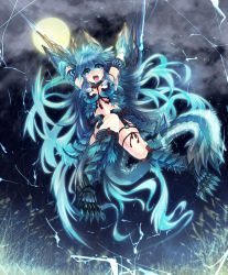 Rule 34 | 1girl, armor, arms up, bikini armor, blue eyes, blue hair, breasts, capcom, claws, dragon girl, full moon, grass, highres, jumping, long hair, mamuru, matching hair/eyes, monster girl, monster hunter (series), monster hunter portable 3rd, moon, night, night sky, open mouth, original, personification, sky, small breasts, solo, tail, very long hair, zinogre