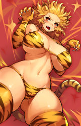Rule 34 | 1girl, absurdres, animal ears, animal print, bikini, blonde hair, breasts, chinese zodiac, claws, facial mark, fangs, female focus, gurimjang, highres, large breasts, looking at viewer, navel, open mouth, original, print bikini, print thighhighs, red background, red eyes, short hair, skindentation, solo, swimsuit, tail, teeth, thick thighs, thighhighs, thighs, tiger ears, tiger girl, tiger print, tiger tail, underboob, whisker markings, year of the tiger, yellow thighhighs