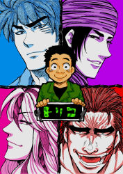 Rule 34 | 5boys, blue background, blush, coco (toriko), color coordination, commentary request, copyright name, facial scar, fangs, furrowed brow, green jacket, hair slicked back, jacket, komatsu (toriko), lapels, long hair, looking at viewer, looking to the side, male focus, multicolored hair, multiple boys, multiple monochrome, muscular, muscular male, notched lapels, open mouth, pink background, purple background, red background, scar, scar on cheek, scar on face, scar on mouth, short hair, simple background, smile, sunny (toriko), thick eyebrows, toriko, toriko (series), translated, turban, yaso80hachi, zebra (toriko)