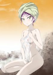 Rule 34 | &gt;:(, 1girl, breasts, closed mouth, cloud, collar, collarbone, covered erect nipples, covering privates, covering crotch, gegege no kitarou, gegege no kitarou 6, looking at viewer, minpei ichigo, nekomusume, nekomusume (gegege no kitarou 6), nude, nude cover, onsen, outdoors, pointy ears, purple hair, rock, see-through, short hair, sitting, sky, small breasts, solo, steam, towel, towel on head, v-shaped eyebrows, yellow eyes, yellow sky