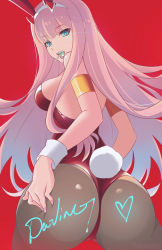 Rule 34 | 1girl, animal ears, aqua eyes, artist name, ass, ass grab, backless outfit, bare shoulders, body writing, breasts, candy, darling in the franxx, deep skin, fake animal ears, food, from behind, hairband, horns, leotard, lollipop, long hair, looking back, looking down, naopy, naopyart, pantyhose, pink hair, playboy bunny, rabbit ears, rabbit tail, shiny clothes, shiny skin, sideboob, solo, tail, very long hair, zero two (darling in the franxx)