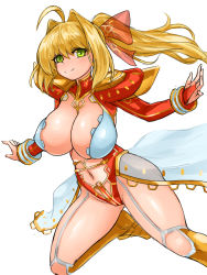Rule 34 | 1girl, ahoge, armor, between breasts, blonde hair, bow, breasts, cleavage, fate/extra, fate/grand order, fate (series), greaves, green eyes, hair intakes, highres, large breasts, long hair, navel, nero claudius (fate), nero claudius (fate) (all), nero claudius (fate/extra), pauldrons, ponytail, red bow, red ribbon, revealing clothes, ribbon, science fiction, see-through, shiny skin, shoulder armor, smile, steamingtofu, white background, wrist cuffs
