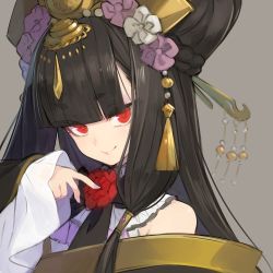 Rule 34 | 1girl, bare shoulders, black hair, blunt bangs, blunt ends, bow, chao feng, chinese clothes, closed mouth, commentary request, flower ornament, frills, grey background, hair tubes, headdress, long hair, looking at viewer, minoa (lastswallow), red eyes, simple background, smile, solo, tassel, thunderbolt fantasy