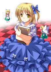 Rule 34 | 1girl, alice margatroid, alice margatroid (pc-98), alternate hairstyle, aoi masami, bad id, bad pixiv id, blonde hair, bow, butterfly wings, checkered floor, circle skirt, doll, dress, fairy wings, female focus, floor, hair bow, highres, insect wings, mini person, minigirl, mystic square, short hair, side ponytail, sitting, smile, solo, touhou, touhou (pc-98), wings, yellow eyes