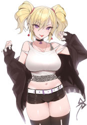 Rule 34 | 1girl, aged down, belt, black choker, black jacket, black shorts, black thighhighs, blonde hair, breasts, camisole, choker, closed mouth, coco kaine, cowboy shot, earrings, hair between eyes, halterneck, highres, hololive, impossible clothes, jacket, jewelry, large breasts, looking at viewer, medium hair, midriff, mole, mole on breast, mole under eye, navel, off shoulder, purple eyes, short shorts, shorts, simple background, smirk, solo, strap slip, taut clothes, thigh gap, thighhighs, thighs, tongue, tongue out, twintails, virtual youtuber, white background, white camisole, yaman