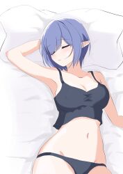 Rule 34 | 1girl, absurdres, aoi (blue archive), armpits, bed sheet, black panties, blue archive, blue hair, blush, breasts, cleavage, groin, highres, kamitosayu, large breasts, mole, mole under eye, navel, open mouth, panties, pillow, pointy ears, short hair, sleeping, solo, underwear, underwear only