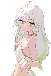 Rule 34 | 1girl, absurdres, ahoge, blush, braid, breasts, commentary request, cowboy shot, dress, eyelashes, from side, genshin impact, gold choker, gold trim, gradient hair, green eyes, green hair, hair between eyes, hand up, highres, holding hands, long hair, looking at viewer, multicolored hair, pointy ears, ringda, rukkhadevata (genshin impact), simple background, sleeveless, sleeveless dress, smile, solo, symbol-shaped pupils, very long hair, white background, white dress, white hair