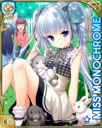 Rule 34 | 3girls, black bow, blue eyes, blue footwear, blunt bangs, bow, card, character name, checkered clothes, checkered dress, closed mouth, day, dress, expressionless, girlfriend (kari), miss monochrome, miss monochrome (character), multiple girls, official art, outdoors, qp:flapper, rabbit, sitting, solo, tagme, twintails, white dress, white hair
