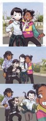 Rule 34 | 4girls, absurdres, akarsha, angry, black hair, braid, braided ponytail, butterfly soup, camera phone, casual, cellphone, commentary, dark-skinned female, dark skin, diya (butterfly soup), double bun, friedbun, highres, hood, hoodie, min-seo, multiple girls, noelle (butterfly soup), phone, ponytail, running, school uniform, single braid, smartphone, teeth, tongue, tongue out, v