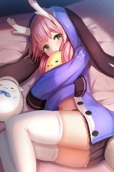 Rule 34 | 1girl, azur lane, black skirt, commentary request, dragon girl, dragon horns, dragon tail, green eyes, highres, hood, hoodie, horns, looking at viewer, lying, manda (manda9n), manjuu (azur lane), meowfficer (azur lane), official alternate costume, on bed, on side, pajamas, pink hair, pleated skirt, revision, ryuujou (azur lane), ryuujou (slacking samurai) (azur lane), sidelocks, skirt, sleeves past fingers, sleeves past wrists, solo, stuffed animal, stuffed toy, tail, thighhighs, very long sleeves, white thighhighs