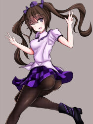 Rule 34 | 1girl, ass, black pantyhose, boots, breasts, brown hair, checkered clothes, checkered skirt, crayon (medium), double v, grey background, grey eyes, hair ribbon, hat, himekaidou hatate, long hair, one eye closed, open mouth, panties, panties under pantyhose, pantyhose, pantyshot, puffy short sleeves, puffy sleeves, ribbon, shirt, short sleeves, skirt, smile, solo, tokin hat, touhou, traditional media, twintails, underwear, unmoving pattern, upskirt, v, very long hair, zibun owl