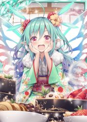 Rule 34 | 1girl, akkijin, aqua hair, aqua kimono, face in hands, fairy, fairy wings, floral print, flower, food, fruit, hair flower, hair ornament, japanese clothes, kimono, official art, open mouth, pixie servant (shinkai no valkyrie), pointy ears, red eyes, shinkai no valkyrie, shrimp, shrimp tempura, surprised, tempura, wings