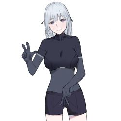 Rule 34 | 1girl, defy (girls&#039; frontline), double v, girls&#039; frontline, highres, looking at viewer, purple eyes, rpk-16 (girls&#039; frontline), short hair, short shorts, shorts, silver hair, simple background, smile, solo, tagme, talnory, v, white background