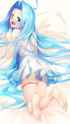 Rule 34 | 1girl, ahoge, ass, backless dress, backless outfit, bare shoulders, barefoot, bed sheet, blue eyes, blue hair, chemise, dress, feet, feet up, female focus, from behind, full body, granblue fantasy, hand up, happy, highres, long hair, looking back, looking to the side, lying, lyria (granblue fantasy), matching hair/eyes, no panties, on stomach, open mouth, see-through, simple background, smile, solo, teeth, unosuke, very long hair, white background