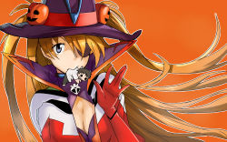 Rule 34 | 1girl, absurdres, adapted costume, black hat, blouse, breasts, brown hair, cleavage, cleavage cutout, clothing cutout, doll, evangelion: 3.0 you can (not) redo, eyepatch, fang, fang out, hair between eyes, halloween, hat, high collar, highres, jack-o&#039;-lantern, long hair, neon genesis evangelion, orange background, outline, plugsuit, pumpkin, rebuild of evangelion, shirt, simple background, solo, souryuu asuka langley, sugi koutarou, two side up, very long hair, white shirt, witch hat