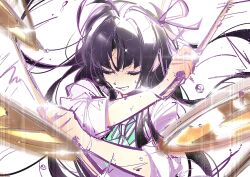 Rule 34 | 1girl, aqua bow, aqua bowtie, awa subaru, black hair, bow, bowtie, closed eyes, commentary, cymbals, drum, drum set, drumsticks, girls band cry, hashtag-only commentary, highres, holding, holding drumsticks, instrument, long hair, music, open mouth, playing instrument, rourow, shirt, sleeves rolled up, smile, solo, upper body, white shirt