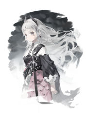 Rule 34 | 1girl, arknights, belt, black jacket, closed mouth, cropped legs, gradient background, grey background, grey eyes, grey hair, gun, head wings, highres, irene (arknights), jacket, long hair, long sleeves, looking at viewer, puffy long sleeves, puffy sleeves, purple skirt, scar, scar across eye, scar on face, signature, skirt, solo, sword, very long hair, weapon, white background, wings, xianyutu buxiangzuoxianyu