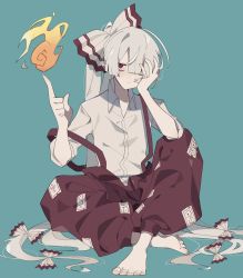 Rule 34 | 1girl, aqua background, baggy pants, barefoot, blunt bangs, bow, closed mouth, collared shirt, commentary request, expressionless, fire, fire, fujiwara no mokou, full body, hair bow, hand on own face, highres, index finger raised, indian style, long hair, looking at viewer, ofuda, ofuda on clothes, pants, ponytail, pyrokinesis, red bow, red eyes, red pants, shirt, sitting, solo, suspenders, suspenders slip, touhou, two-tone bow, very long hair, white bow, white shirt, xx asui