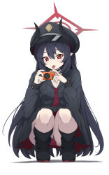 1girl black_choker black_footwear black_hair black_hat black_horns black_shirt black_skirt black_socks blue_archive camera chiaki_(blue_archive) choker full_body halo hands_up hat highres holding holding_camera horns long_hair long_sleeves looking_at_viewer necktie panties pointy_ears red_eyes red_halo red_necktie red_panties shirt simple_background skirt smile socks solo squatting tongue tongue_out unamaso underwear white_background