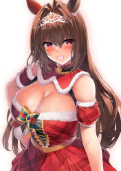Rule 34 | 1girl, animal ears, bare shoulders, blush, bow, bowtie, breasts, brown hair, cleavage, daiwa scarlet (scarlet nuit etoile) (umamusume), daiwa scarlet (umamusume), detached collar, dress, fur-trimmed dress, fur trim, green bow, green bowtie, hair intakes, highres, horse ears, horse girl, kawai (purplrpouni), large breasts, long hair, looking at viewer, official alternate costume, red dress, red eyes, smile, solo, tiara, umamusume, very long hair, wrist cuffs
